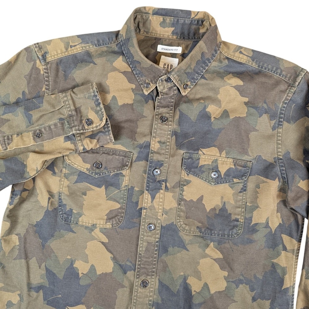 Gap Mens Small Leaf Camo Shirt Olive Green Cotton Button Down Standard Fit 2017